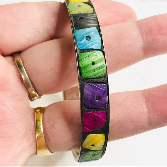 Two Silver Abalone Shell Colorful Inlay Bangle Bracelets - Picture 11 of 16